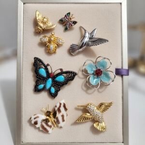 Assorted Turquoise & Gold Butterfly and Floral Brooch Set - Women Jewelry